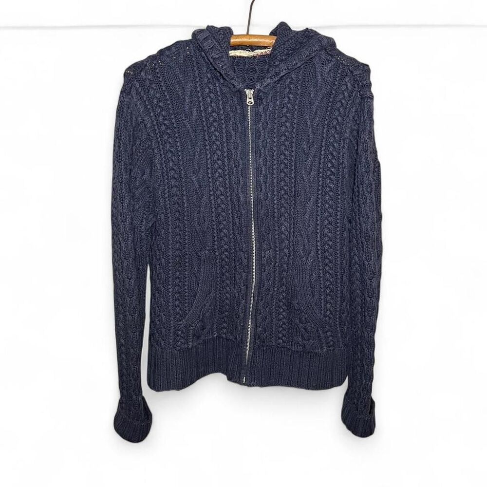 Vtg 00s Ralph Lauren Polo Jeans 67 Cable Knit Chunky Navy Zip Up Hoodie Size M L